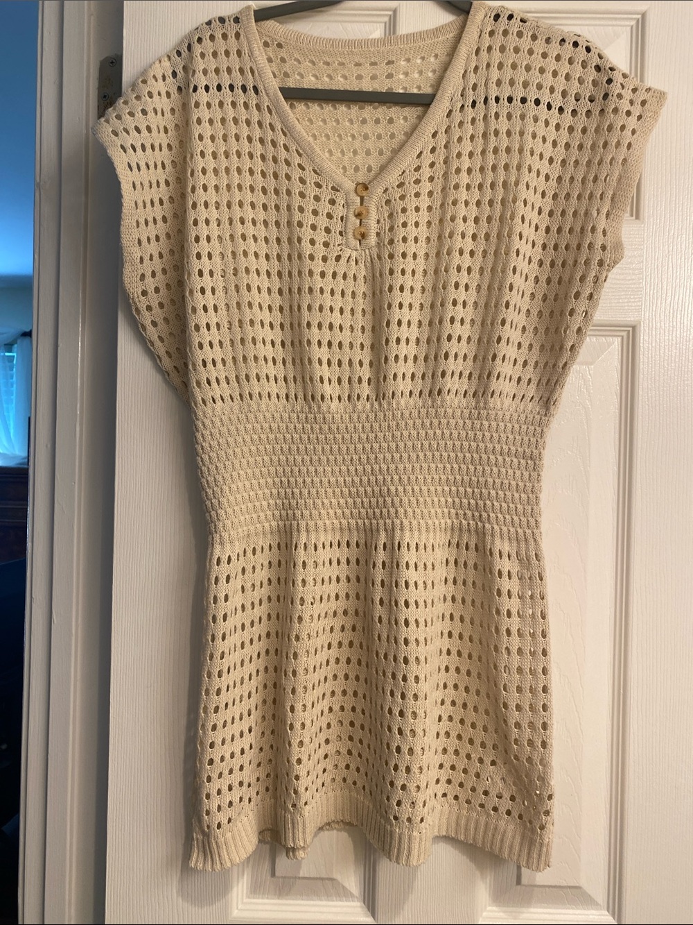 Cream Open-Knit Short Sleeve bathing suit cover up with Button Detail